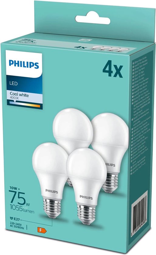 Philips CorePro LEDbulb A60 E27 10W 4000K 1055lm 230V - 4-Pack - Koel Wit