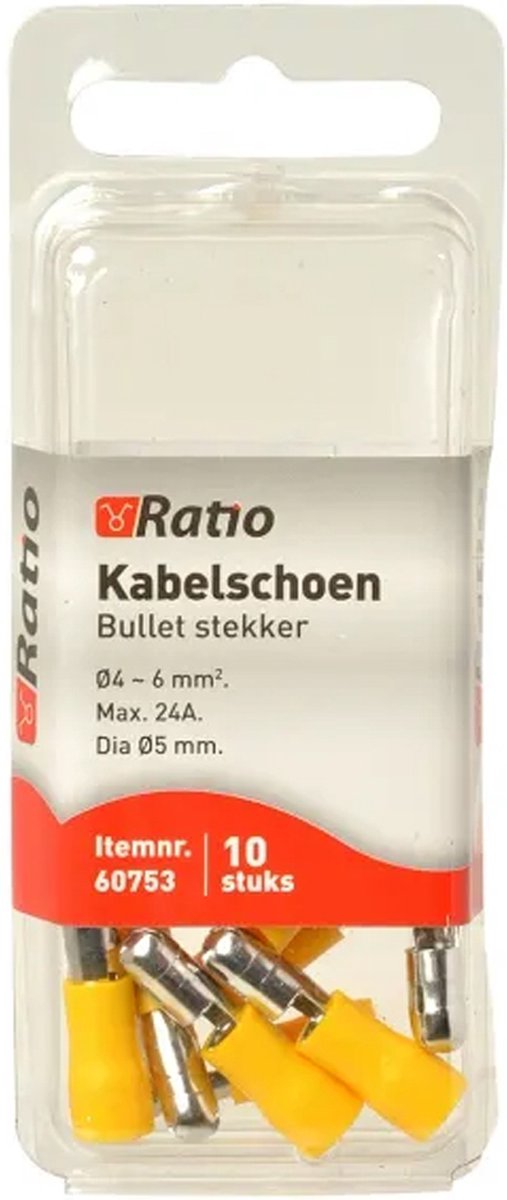 Ratio Kabelschoen Bullet stekker 4-6mm² - Geel - 10st in blister