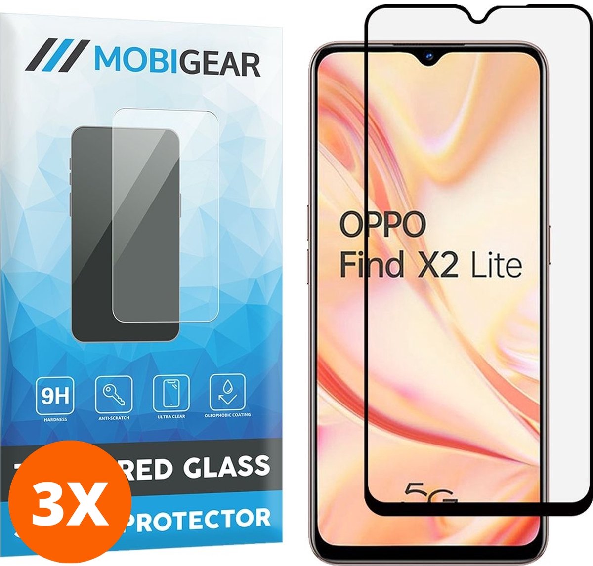 Mobigear Screenprotector geschikt voor OPPO Find X2 Lite Glazen | Mobigear Premium Screenprotector - Case Friendly - Zwart (3-Pack)