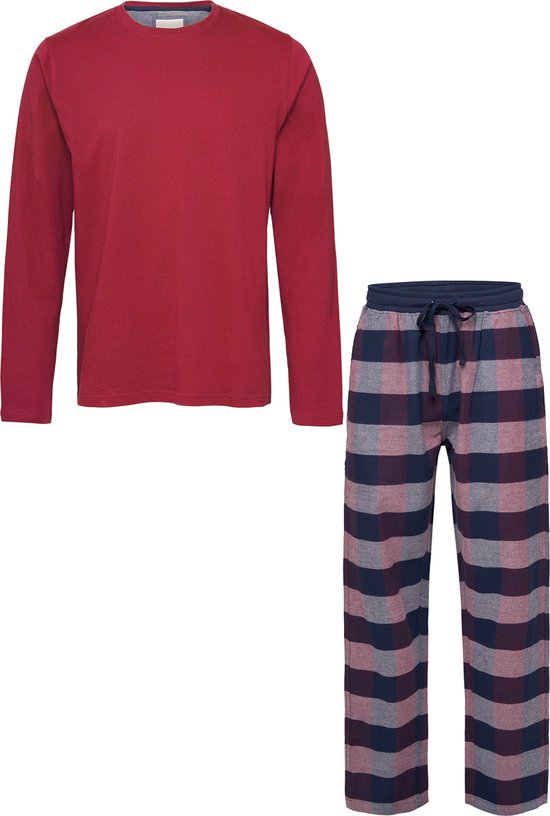 Phil & Co Lange Heren Pyjama Set Met Flanellen Pyjamabroek Rood - Maat XXL