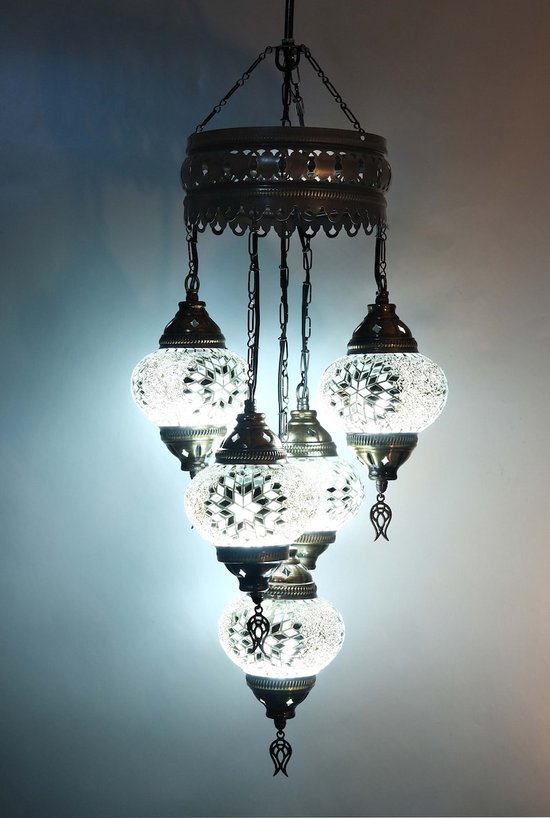 Lampe suspendue turque à 5 ampoules, lustre oriental en verre mosaïque blanc