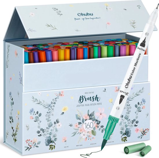Ohuhu - Dual Tip Brush markers – waterbasis – set van 160 + opbergbox Light Turquoise