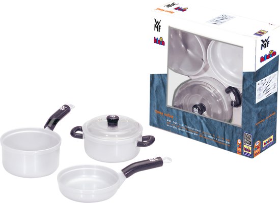 Klein Toys WMF 3-delige pannenset - kookpot en 2 steelpannen, waarvan 1 met deksel - hoogwaardig kunststof - grijs zwart