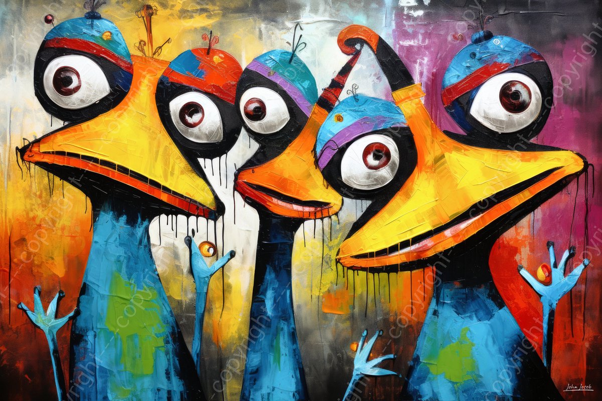 John Joseb Art (Aluminium) 60x40 | Gekke kikkers, humor, kleurrijk, abstract, Herman Brood stijl, kunst | dier, kikker, blauw, geel, oranje, rood, paars, modern | foto-schilderij op dibond, metaal wanddecoratie