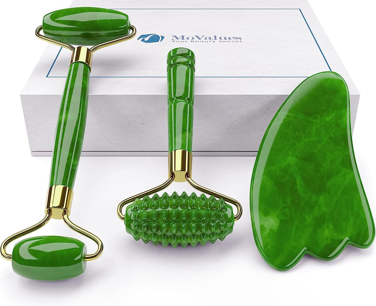 4-in-1 Jade Roller en Gua Sha Set - Gezichtsroller van jade met oogmasseerder Gua Sha van Jade Geribbelde rolmasseerder - Gezichtsroller van 100% echte jade - warme gezichtsmassage of ijsroller