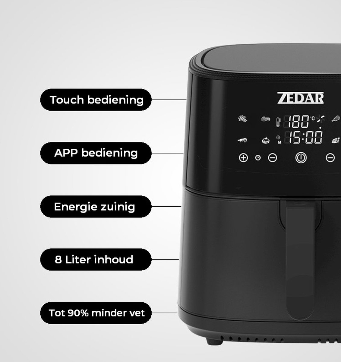 Airfryer XXL - Met APP - Groot 8 Liter - Heteluchtfriteuse - Zwart - Digital Touchscreen - 50 voorgeprogrammeerde gerechten Zedar AF600 — afbeelding 5