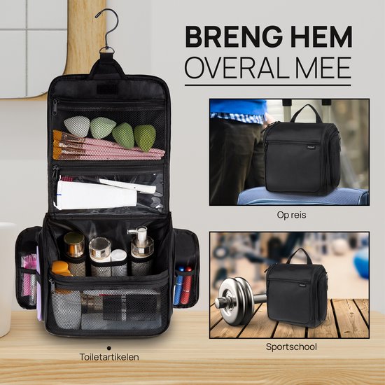 Reis toilettas/etui met ophanghaak zwart 23 cm voor heren/dames | Fun