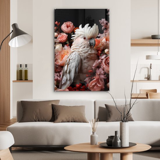 MuchoWow® Peinture sur verre 80x120 cm - Peinture sur verre - Cacatoès - Animal - Nature - Botanique - Fleurs - Rose - Photo sur verre acrylique - Peintures