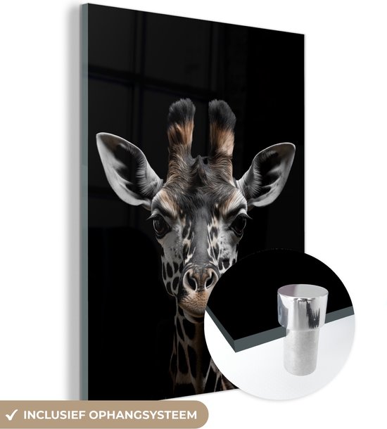 MuchoWow® Glasschilderij 60x80 cm - Schilderij acrylglas - Giraf - Portret - Zwart - Dier - Foto op glas - Schilderijen