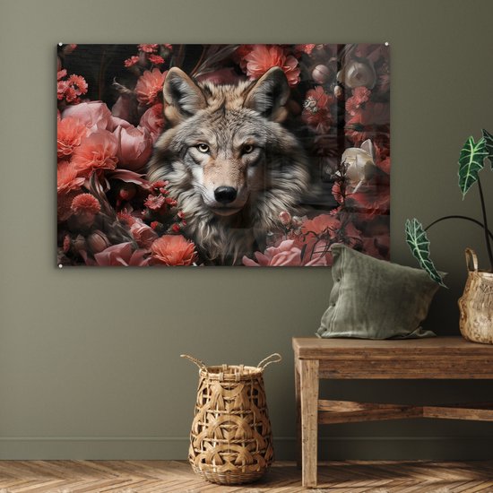 MuchoWow® Peinture sur verre 120x80 cm - Peinture sur verre - Loup - Animal - Fleurs - Botanique - Nature - Fantastique - Photo sur verre acrylique - Peintures