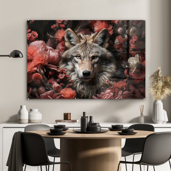 MuchoWow® Peinture sur verre 120x80 cm - Peinture sur verre - Loup - Animal - Fleurs - Botanique - Nature - Fantastique - Photo sur verre acrylique - Peintures