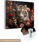 MuchoWow® Glasschilderij 80x60 cm - Schilderij acrylglas - Tijger - Dier - Natuur - Bloemen - Botanisch - Foto op glas - Schilderijen