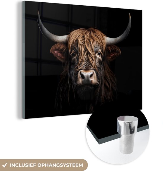 MuchoWow® Glasschilderij 160x120 cm - Schilderij acrylglas - Schotse hooglander - Portret - Zwart - Dier - Foto op glas - Schilderijen