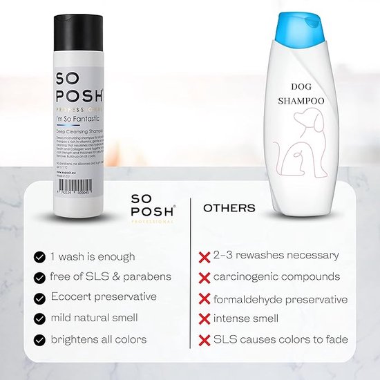 Witte fles met zwarte dop. "SO POSH PROFESSIONAL" "I'm So Fantastic" Deep Cleansing Shampoo. Witte fles met blauwe dop, "DOG SHAMPOO". Vergelijking van voordelen.