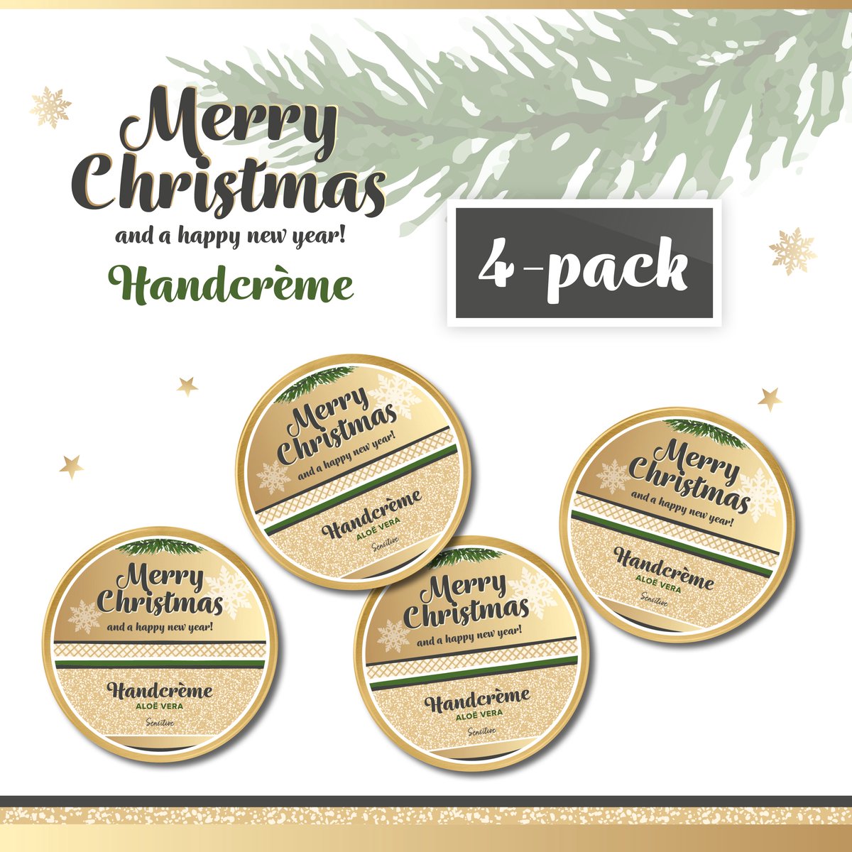 Handcrème "Merry Christmas" - 4-Pack - 50 ml - 200 gram | Aloë vera - Klein Cadeautje - Kerst Pakket - Fijne Kerstdagen - Aardigheidje Kerstpakket - Fijne feestdagen Bedankt - Zorgwerkers - Bedankt Collega's - Vrijwilligers - Medewerkers - Goud Groen