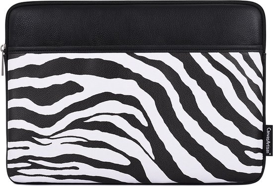 Zwarte en witte laptop sleeve met zebra print, merknaam Canvas Artisan.
