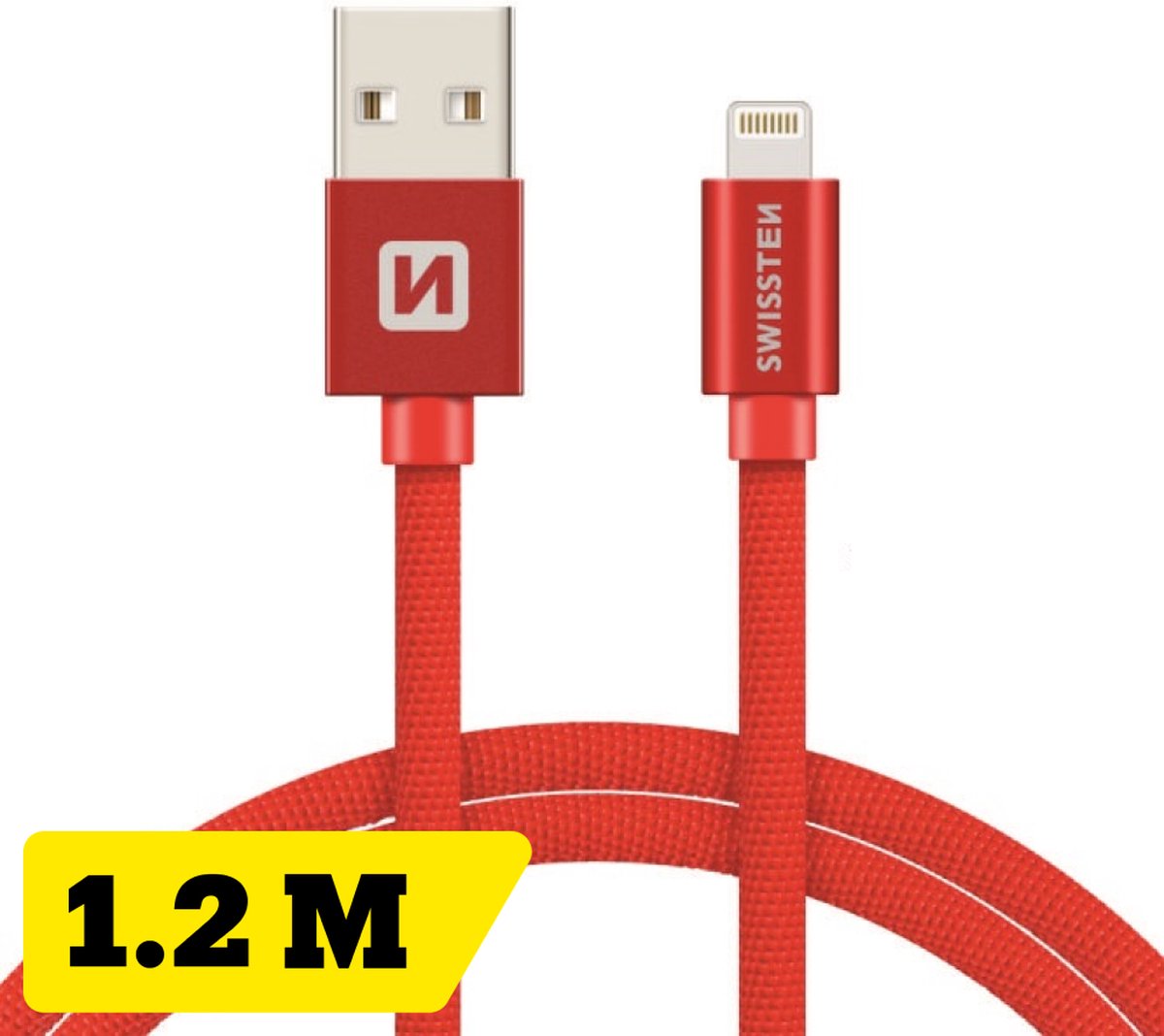 Bol.com Swissten Lightning naar USB kabel - 1.2M - Gevlochten kabel geschikt voor iPhone 7/8/X/11/12/13/14 - Rood aanbieding