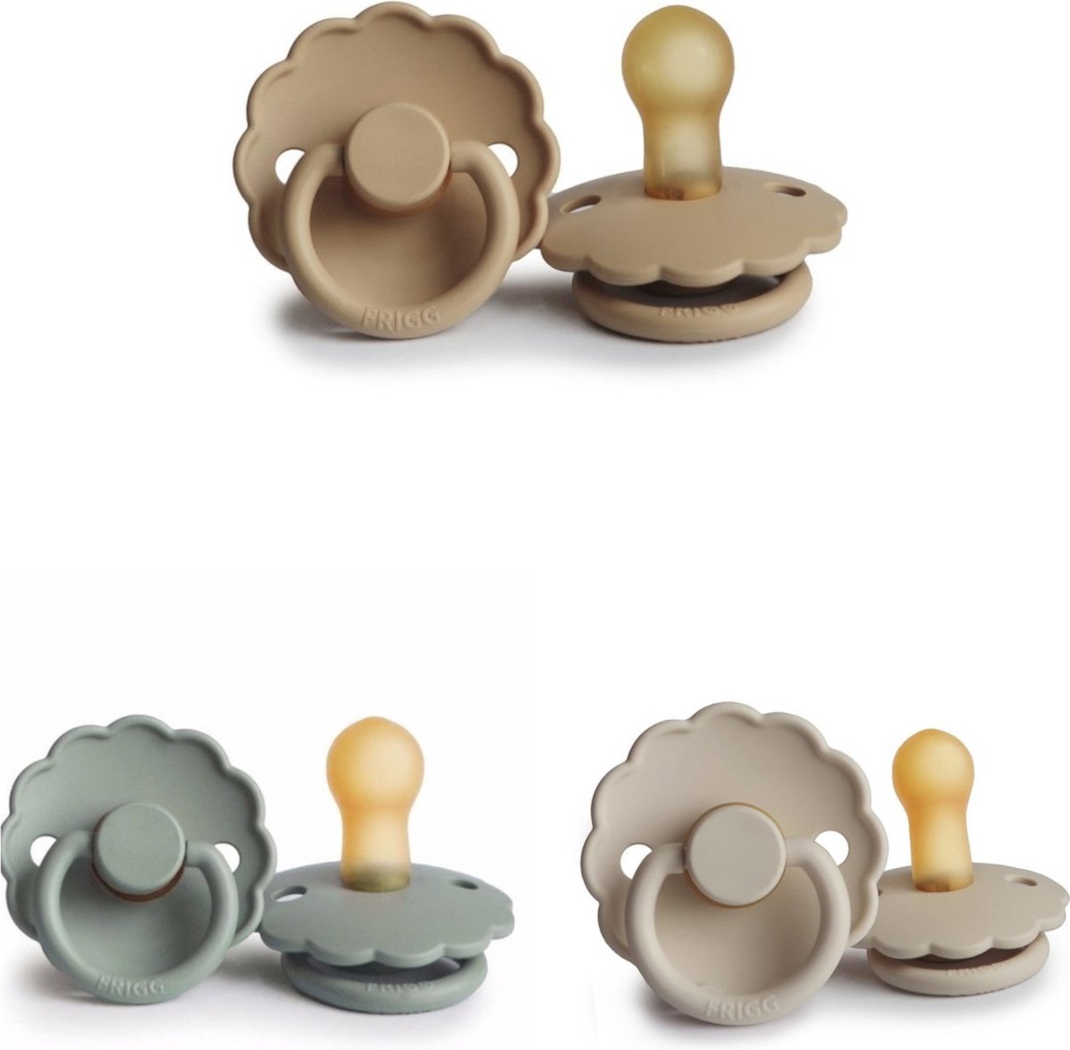 Goedkoopste FRIGG DAISY Fopspeen set 3 stuks French Gray,Croissant en Sandstone 6-18 maand