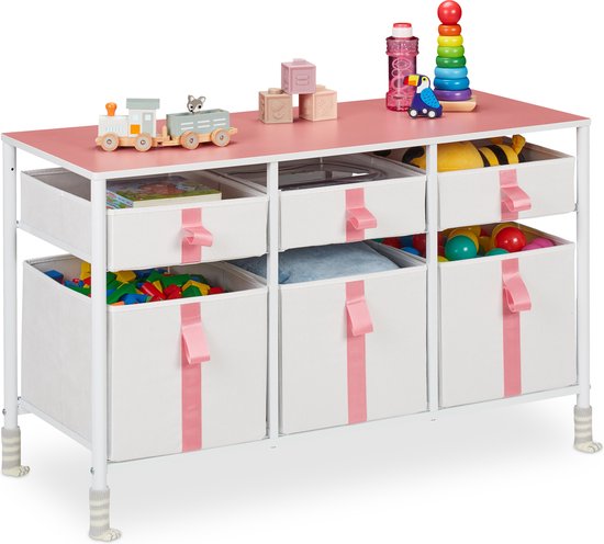 Relaxdays speelgoedkast 6 lades - ladekast kinderkamer - stof en metaal - kinderkast roze