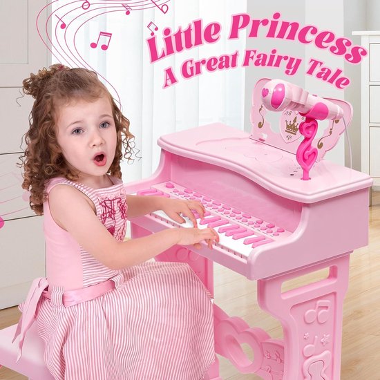 Clavier de Piano Electronique à 37 Touches pour Enfants avec Tabouret et  Microphone Rose