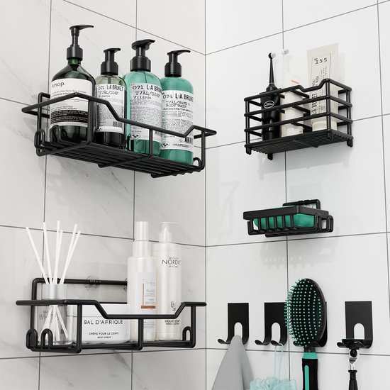 Doucheplank zonder boren, hoek die niet valt, matzwart, 2 stuks met 4 haken, shampoohouder voor douche, roestvrij, hoekplank badkamer, badkameraccessoires, badkamerorganizer