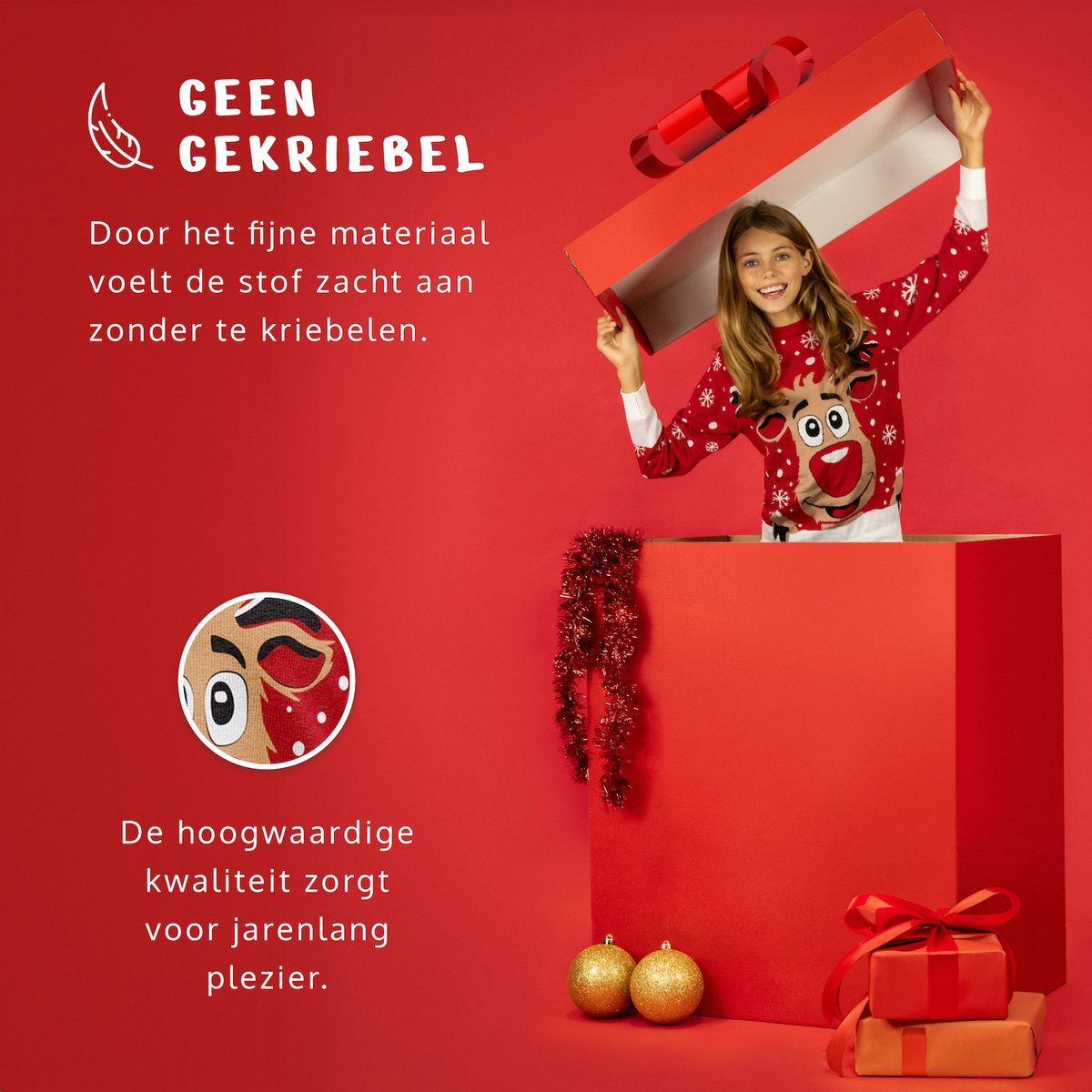 JAP Christmas Kersttrui voor kinderen (maat 104/110) - 100% Gerecycled - Kriebelt niet - Kerstcadeau - Foute Kersttrui jongens en meisjes (4/5 jaar) - Rudolf het Rendier - Rood — afbeelding 2