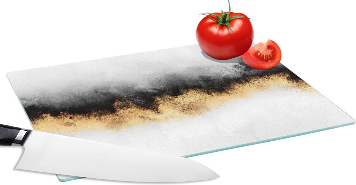 Glazen Snijplank - 28x20 - Goud - Chic - Abstract - Zwart - Wit - Luxe - Snijplanken Glas