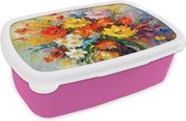 Broodtrommel Roze - Lunchbox Bloemen - Kleurrijk - Olieverf - Bloempot - Brooddoos 18x12x6 cm - Brood lunch box - Broodtrommels voor kinderen en volwassenen