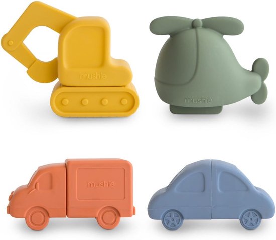 Mushie - badspeelgoed - vier speeltjes - Graafmachine - Helikopter - Vrachtwagen - Auto - 4 stuks