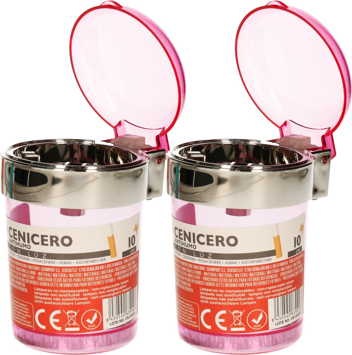 Goedkoopste Auto asbak met LED lamp verlichting en klepje - 2x - roze - 11 x 8 cm
