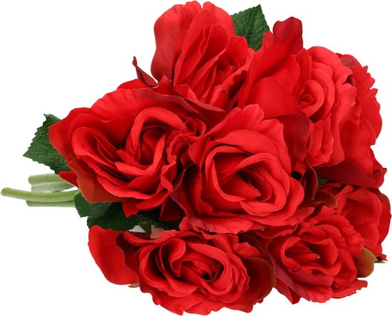 Mica Decorations Kunstbloemen boeket roos Emy - 8x - rood - 31 cm - kunststof steel - bloemen