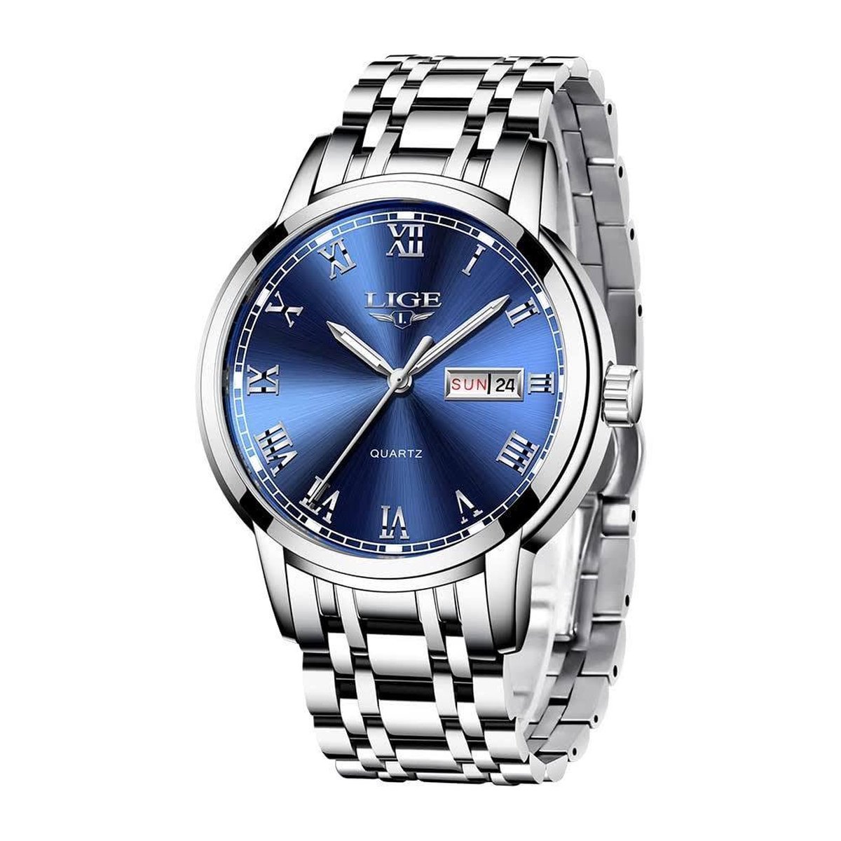 Lige - HerenHorloge - Polshorloge - Heren - Cadeau - Horloge - Geschenkdoos - Mannen - Zilver en Blauw- Polsband Zilver