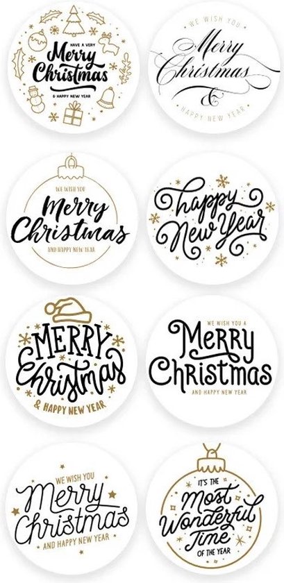 Foto: 40 kerst stickers merry christmas 5 stuks per motief tekst merry christmas happy new year most wonderful time wit zwart bruin doorsnede 2 5 cm nummer 5