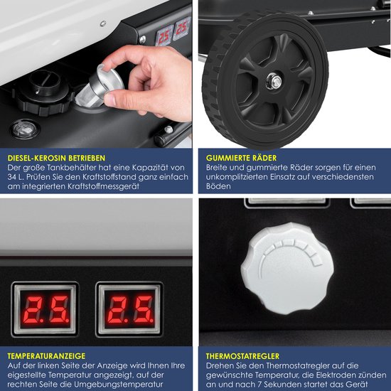 Close-up van mobiel diesel kachel: hand bij vullen, grote wielen, digitale temperatuur displays, thermostaat knop.