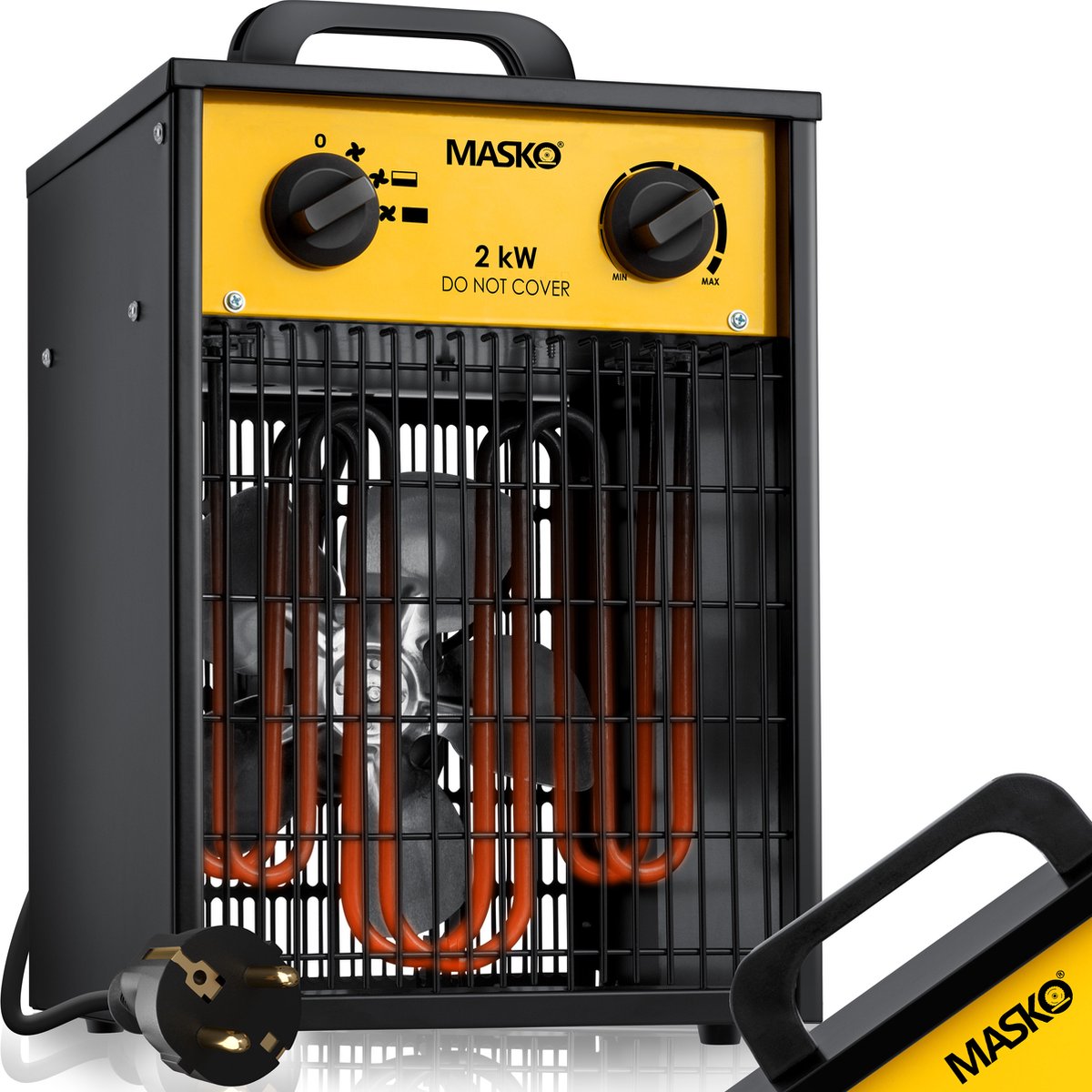 Masko Bouwkachel 2kW Ventilatorkachel voor Binnen- en Buiten Elektrische Kachel Keramische Werkplaatskachel Electrische Verwarming 2000 Watt Geel