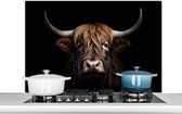KitchenYeah® Spatscherm keuken 100x65 cm - Kookplaat achterwand - Schotse hooglander - Zwart - Muurbeschermer hittebestendig - Spatwand fornuis - Hoogwaardig aluminium - Aanrecht decoratie dieren - Zwarte keukenaccessoires