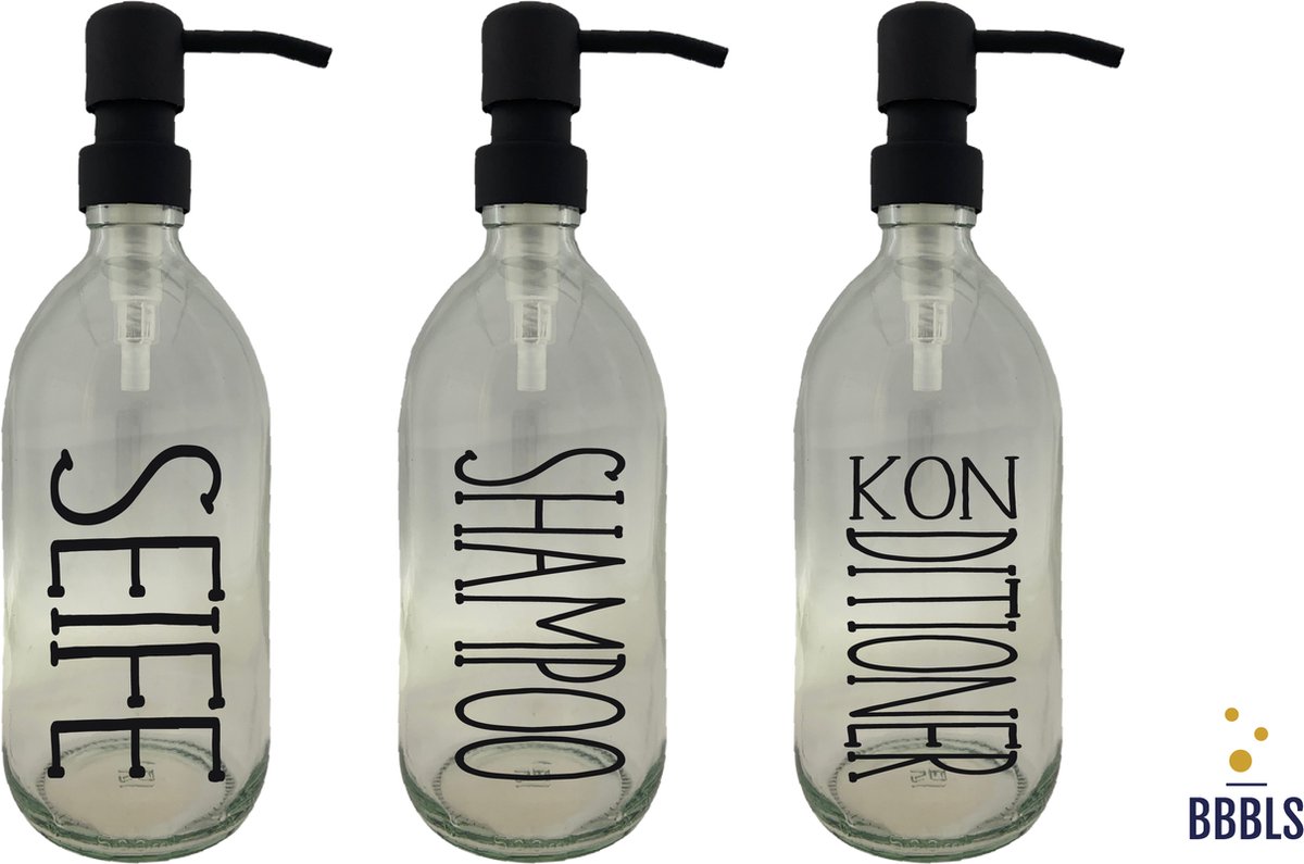BBBLS® Design Dispenser Giftset "Seife Shampoo Konditioner" | Transparant Kunststof | 500ml | RVS / Metaal Pomp Zwart | Zeeppomp | Zeepdispenser | Zeephouder