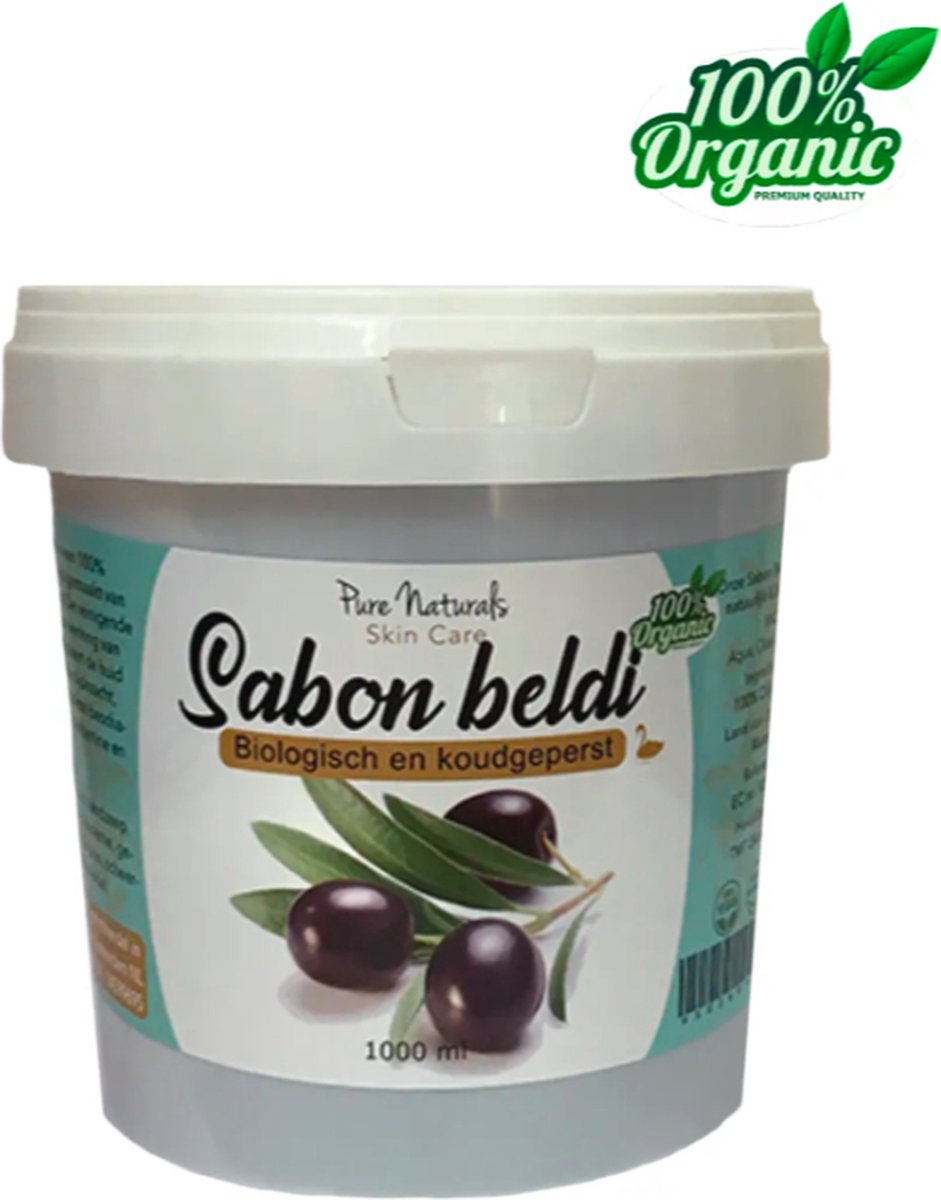 Sabon Beldi 1000 ml - 100% natuurlijke zwarte olijvenzeep - exfoliërend - reinigt de huid van dode huidcellen - verzacht en verstevigd de huid - Biologisch - Pure Naturals