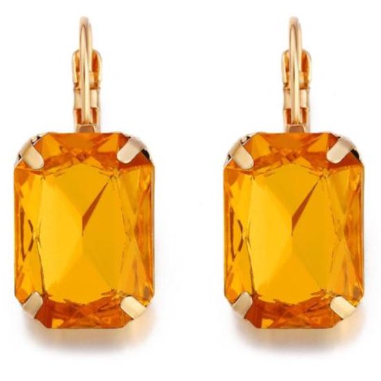 Goudkleurige oorbellen voor dames met een grote oranje steen