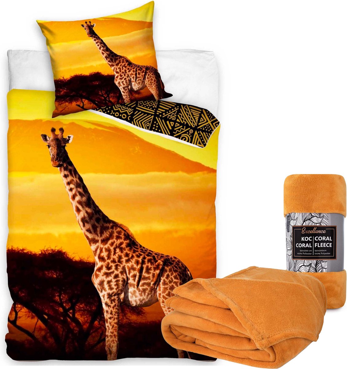 Dekbedovertrek Giraffe - Afrika- 1 persoons- 140x200- katoen- wildernis, incl. Fleecedeken Saharageel 150 X 200 Cm Polyester