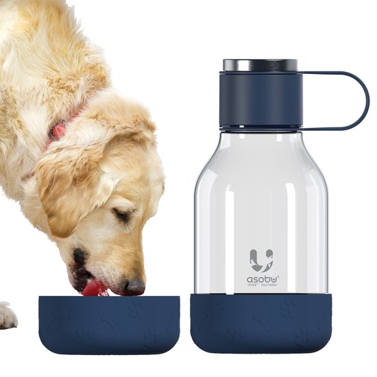 Asobu Dog Bowl Bottle Tritan Blauw inhoud 1,5 liter incl. drinkbak voor de hond aan de onderkant - Asobu