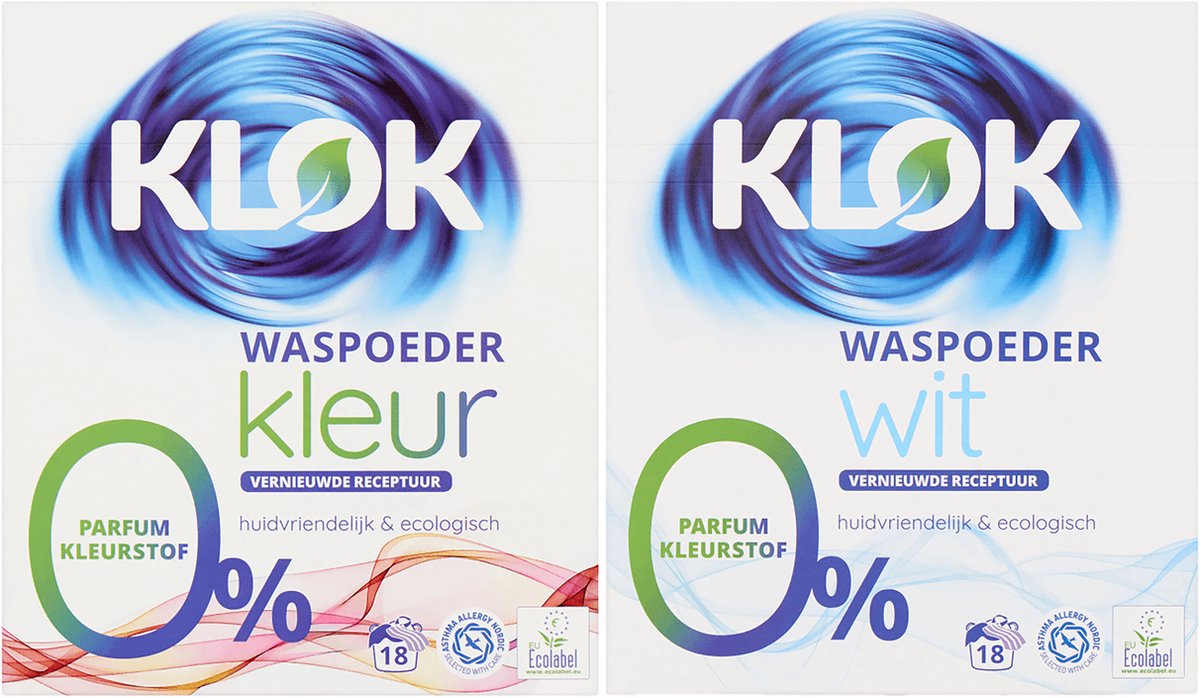 Waspoeder Klok kleur + wit 0% parfum kleurstof 2x 18 wasbeurten