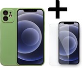 iPhone 12 Hoesje Groen Siliconen Case Met Extra Camera Bescherming Inclusief 1x Tempered Glass Screenprotector - Groen - Geschikt voor iPhone 12 - Smartphonica