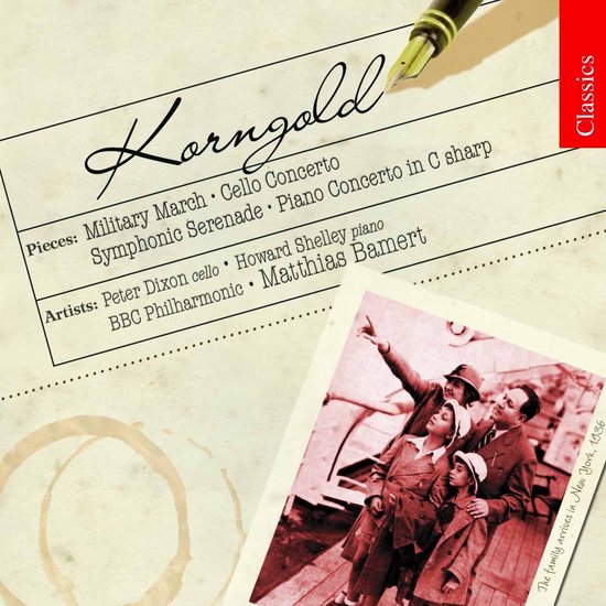 CD hoes met de titel Korngold, muziekstukken en artiesten. Een sepia foto van een gezin op de voorgrond.