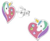 Joy|S - Zilveren eenhoorn hartje oorbellen - 8 x 9 mm - kristal multicolor - unicorn