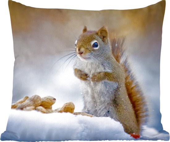 Sierkussens - Kussentjes Woonkamer - 50x50 cm - Eekhoorn - Noten - Sneeuw - Winter - Knaagdieren - Seizoenen