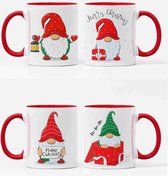 Set van 4 Kerstmokken | Kabouter Kerst Gnome | serie van Kerst cadeau met Rood Handvat | Sinterklaas cadeau