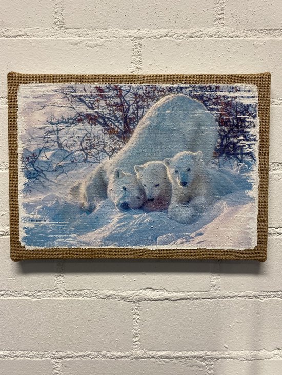 Schilderij IJsberen op jute doek - winter - 35x25x1.5cm - MDF frame - met ophangsysteem