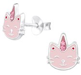 Joy|S - Zilveren kat poes oorbellen - roze met roze kristal - caticorn