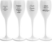 4x Witte Champagneglazen 17cl Met Verschillende Quotes - Onbreekbaar - Flute - Erg Trendy - PGplastics
